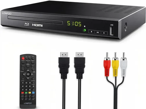 Reproductor de Discos Blu-Ray HD para TV con Cables HDMI y AV, 1080P, PAL NTSC Integrado, Salida Coaxial, Entrada USB
