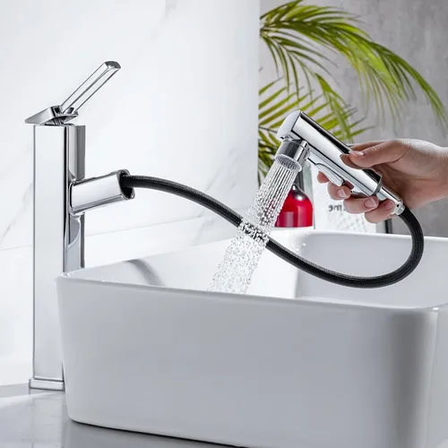 Miniatura 12 de HANLIAN Grifo extraíble de baño de un solo orificio con boquilla giratoria, grifo de una manija para lavabo de baño, grifo de baño moderno con Cromo