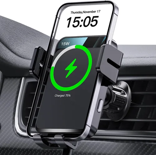 Cargador inalámbrico para automóvil, soporte de automóvil MOKPR con sujeción automática de 15 W/10 W/7.5 W, carga rápida, ventilación de aire, Negro