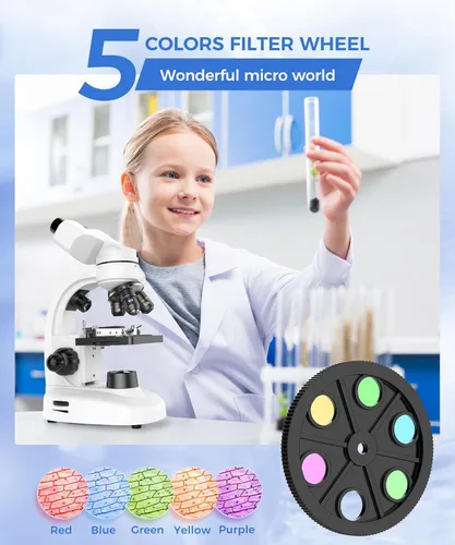 Miniatura 5 de Microscopio binocular compuesto para adultos, profesionales y niños, aumento de 40X-2000X con iluminación LED, platina mecánica, oculares WF2x