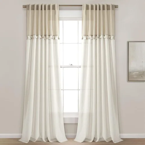 Lush Decor Par de paneles de cortinas bohemias de lino sintético con borlas y bloques de color, 42 pulgadas de ancho x 84 pulgadas de largo, lino y