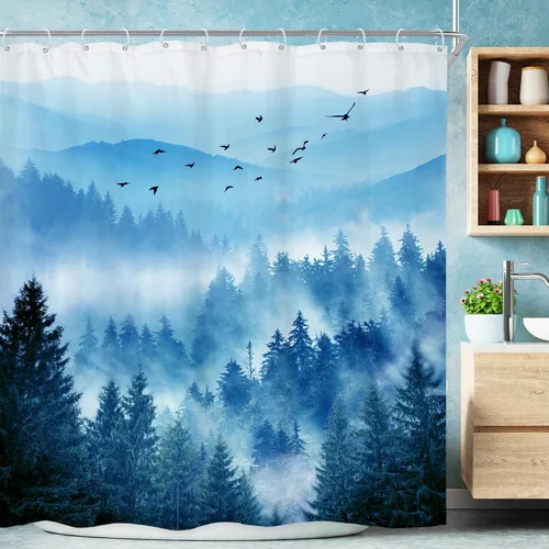 Miniatura 41 de Riyidecor - Cortina de ducha para baño pequeño de montaña, 36 pulgadas de ancho x 72 pulgadas de alto, verde, para RV, temática rústica, naturaleza