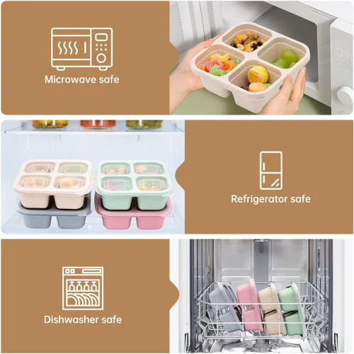 Miniatura 4 de Paquete de 4 Cajas de Almuerzo Bento, Contenedores de Aperitivos de 4 Compartimentos, Caja de Aperitivos Bento Dividida, Contenedores de Preparación