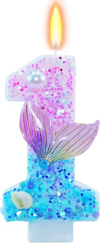 Miniatura 7 de Velas de cumpleaños con temática de sirena, número 4 para niñas, suministros para fiesta de cumpleaños con purpurina, decoración de fiesta