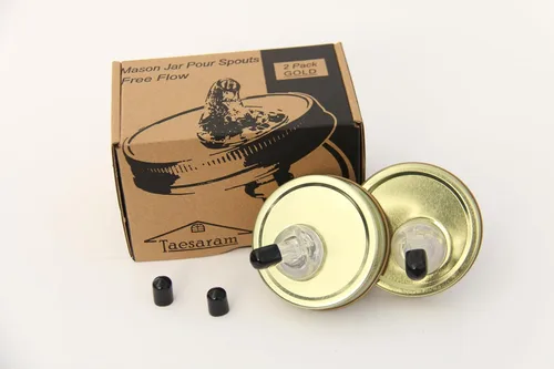 Miniatura 8 de Mason Jar Pour Spouts Tapa TinPlate Mason Jar Tapa Dispensador Tapa de brote Tapa de flujo libre (2 unidades Metal Dorado)