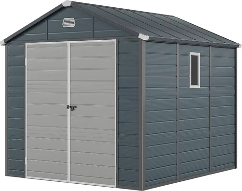 Miniatura 12 de YITAHOME Cobertizo de almacenamiento para exteriores de 8 x 10 pies con suelo, cobertizo de jardín de plástico extra grueso para bicicletas