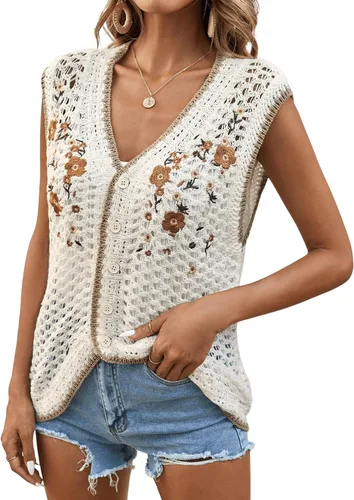 Miniatura 3 de Verdusa Cárdigan de punto sin mangas con cuello en V y bordado floral para mujer