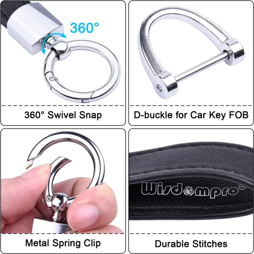 Miniatura 3 de Wisdompro Llavero de cuero genuino para automóvil, llavero universal para hombre, giratorio de 360 grados, con anillo en D antipérdida, 3 llaveros