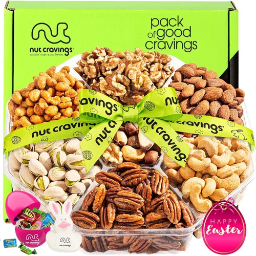 Canastas para regalo de Pascua para adultos y niños, huevo lleno de dulces y conejito Plato con nueces gourmet (surtido de 7) Arreglo con golosinas