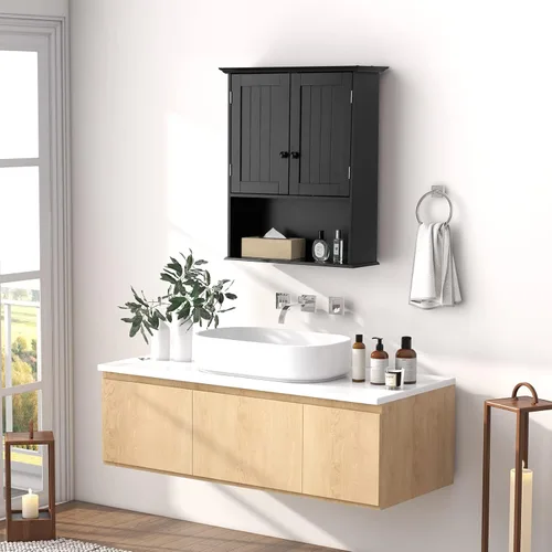 Miniatura 8 de COSTWAY Armario de baño montado en la pared, armario de almacenamiento sobre el inodoro con puertas dobles y estante ajustable, botiquín colgante