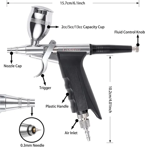 Miniatura 2 de Pistola de disparo de aerógrafo Cepillo de aire de doble acción con agujas de 0.012 in 2CC/5CC/13CC Copa para pintar Kit aerógrafo 166AK 0.012 in