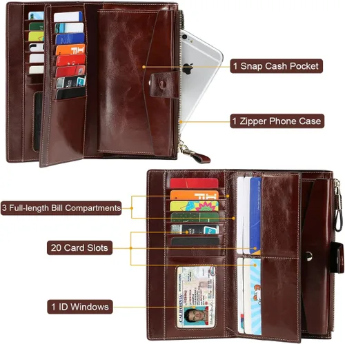 Miniatura 61 de Itslife - Cartera de piel sintética encerada para mujer con bloqueo de identificación de radio frecuencia (RFID), de gran capacidad, encerada
