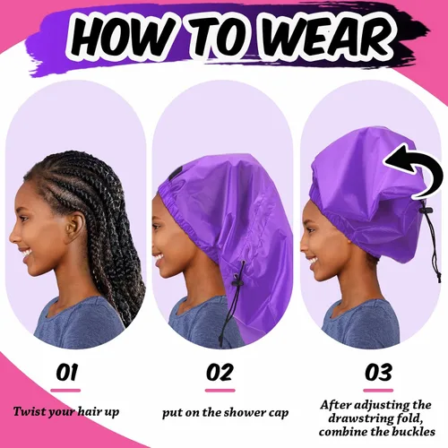 Miniatura 7 de SATINIOR 2 gorros de ducha extra grandes para trenza, impermeables, ajustables, reutilizables, con lazo de secado, gorros de pelo para mujeres