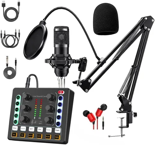 Paquete de equipo de podcast, BM-800 - Paquete de micrófono para podcast, cambiador de voz con tarjeta de sonido en vivo, micrófono condensador de
