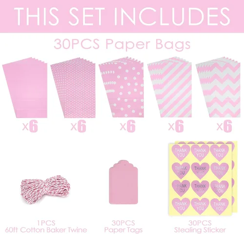 Miniatura 2 de SMINTINE Paquete de 30 bolsas de golosinas rosas con calcomanías de agradecimiento, etiquetas de papel, cuerda de algodón para panaderos, bolsas