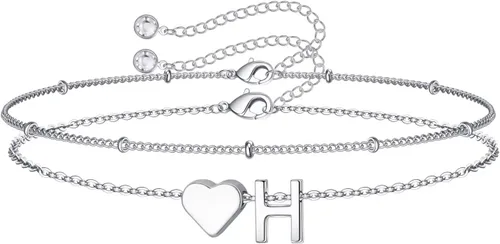 Miniatura 42 de M MOOHAM Pulseras de oro con inicial de corazón para mujer, pulseras con dije de letra A-Z de corazón dorado en capas para mujer, pulseras