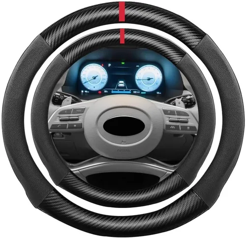 Miniatura 14 de Funda de volante de ante con fibra de carbono de K LAKEY, compatible con Porsche 718 Boxster Cayman 911 Panamera Macan Cayenne de 15 pulgadas, cuero