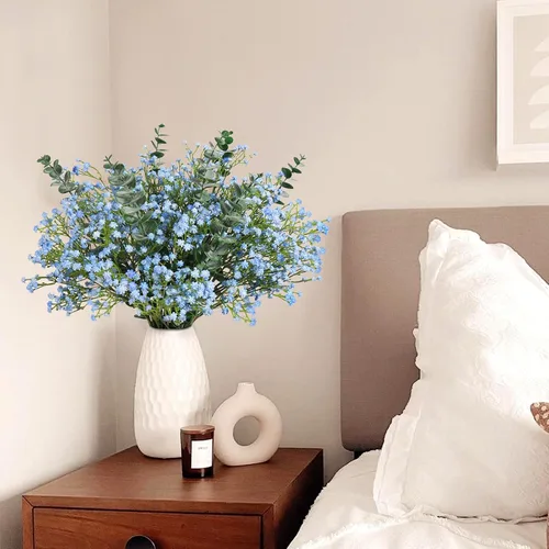 Miniatura 2 de 18 ramos de flores artificiales de eucalipto falsas de flores de gypsophila azules artificiales de tacto real para bodas, arreglos florales, Azul 18