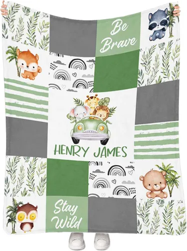 Miniatura 12 de Artsadd Manta personalizada con nombre, manta personalizada de animales de la selva, manta personalizada de safari para niños, niñas, baby shower