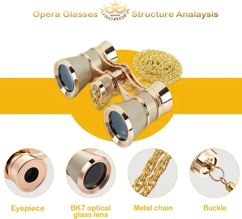 Miniatura 2 de Gafas de ópera de 3 x 25 pulgadas, mini binoculares compactos, ligeros, con cadena para adultos, niños, mujeres, en concierto musical