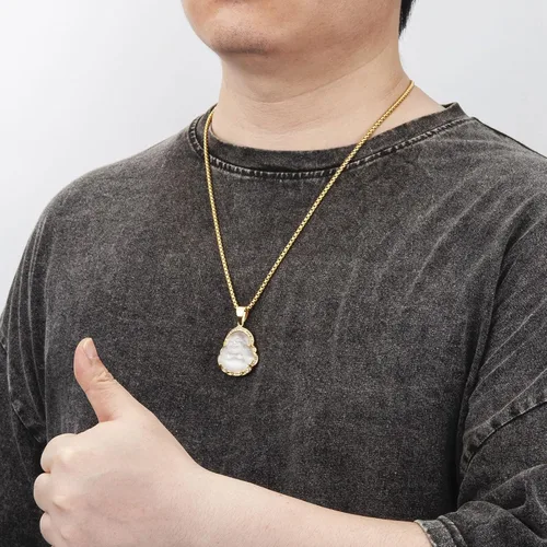Miniatura 5 de WESTMIAJW Lucky Laughing Buda colgante cadena collares amuleto joyería para hombres, mujeres y niños, 23.6in, Piedra