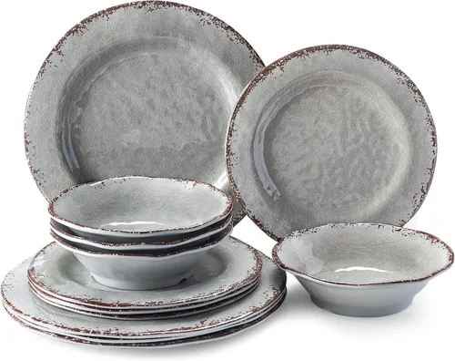 Miniatura 16 de LEHAHA Juego de Vajilla de 12 Piezas de Melamina Vintage Incluye 4 Platos de Cena, 4 Platos de Ensalada y 4 Cuencos, Servicio para 4, Vajilla