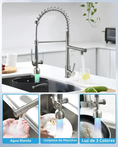 Miniatura 4 de Fapully - Grifo de fregadero de cocina comercial con mango único extraíble con rociador, níquel cepillado, con luz LED