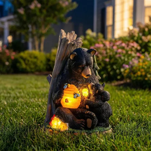 Miniatura 5 de Candieslife Estatua de jardín de oso solar con colmena brillante y cachorro, figura LED para exteriores, decoración para patio, césped, arte