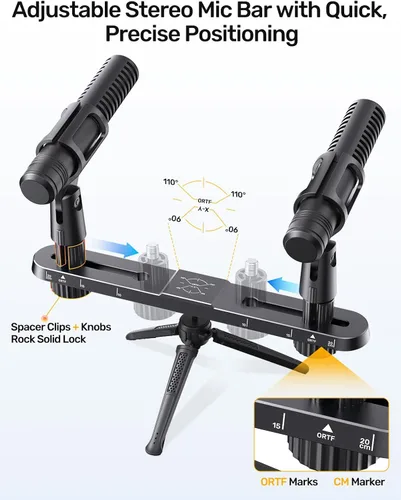 Miniatura 2 de Barra de micrófono estéreo, barra de montaje de micrófono doble ajustable, soporte de micrófono doble universal para soporte, barra de micrófono