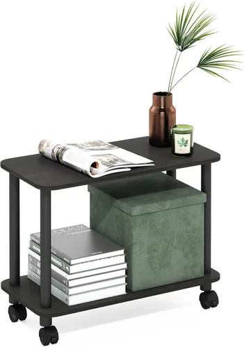 Miniatura 14 de Furinno Turn-N-Tube - Mesa auxiliar rectangular de 2 niveles con ruedas, mesita de noche de esquina redonda, mesita de noche con estante abierto