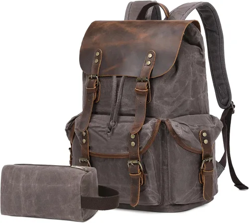 Miniatura 9 de Wogarl Mochila de lona de cuero vintage, Verde militar, Mediana, Ocio