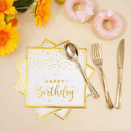 Miniatura 4 de 175 piezas de platos y servilletas de feliz cumpleaños suministros de fiesta, platos de papel dorado con puntos y servilletas con tenedores, Blanco