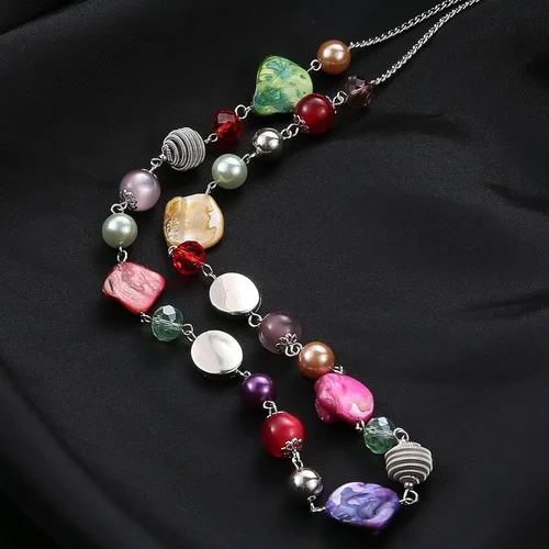 Miniatura 3 de FULU AUTUMN Collares largos de cuentas para mujer, collar de cadena de eslabones de plata con cuentas de cristal de concha, regalos de fiesta