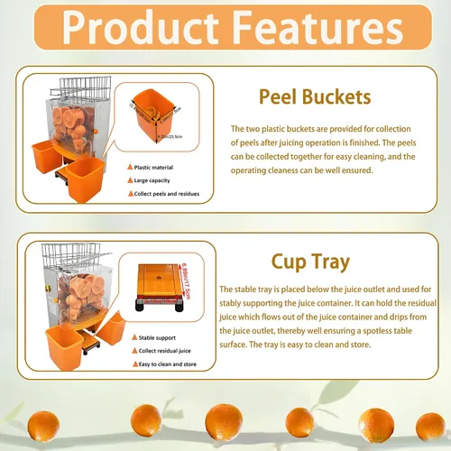 Miniatura 6 de Máquina exprimidora naranja comercial de 110 V, extractor automático de acero inoxidable naranja con engranajes de acero, 2 cáscaras que recogen