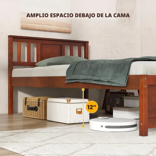 Miniatura 6 de Giantex Marco de cama individual con cabecero, cama de plataforma de madera maciza de mediados de siglo, cama de panel individual con soporte