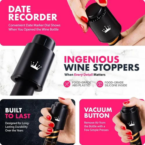 Miniatura 4 de VINABON Juego de tapones de vino al vacío [paquete de 2] – Actualizado 2026 conserva la frescura y el sabor durante 15 días. Diseño mejorado de un