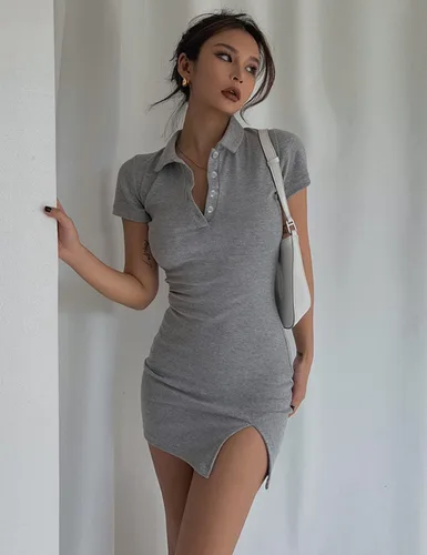Miniatura 2 de FAIMILORY Mini vestido tipo polo para mujer, estilo clásico, acanalado, elástico, casual, con abertura