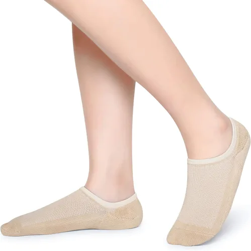 Miniatura 2 de Henwarry Calcetines de tobillo de algodón de corte bajo con cojín grueso para mujer, calcetines deportivos de malla para correr, 5 pares