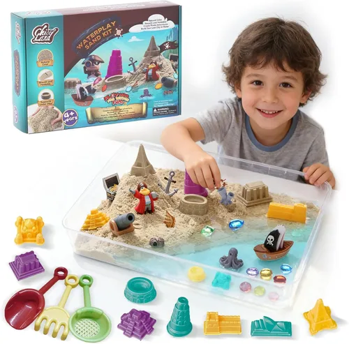 Kit de arena sensorial y acuática: arena de juego de aventura pirata de 2.2 libras para niños a partir de 4 años, juego de agua y caja de arena con