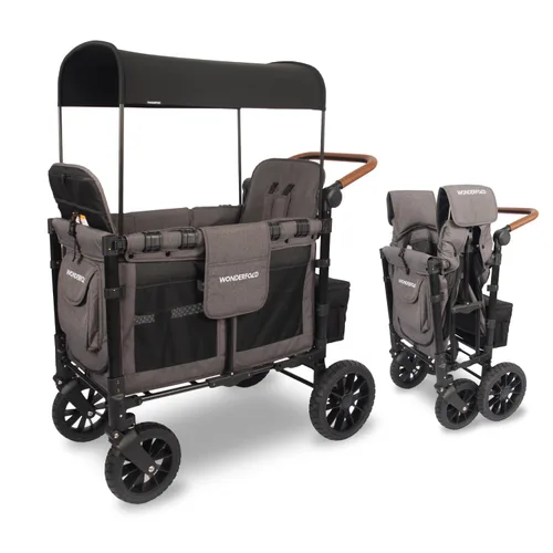WONDERFOLD W2 Luxe Cochecito Vagón Doble (2 plazas) - Vagón Cochecito Plegable con Asientos con Hebilla Magnética, Arneses de 5 Puntos y Toldo Solar
