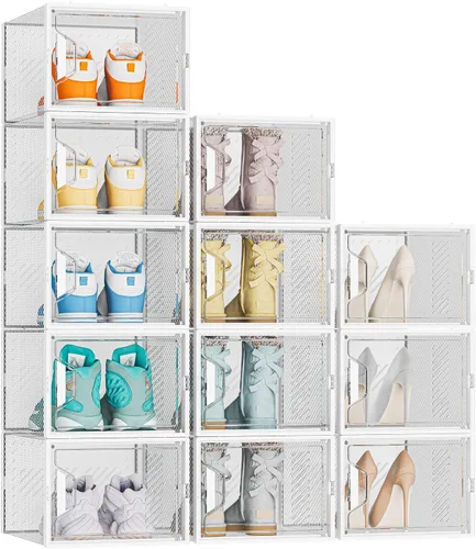 Miniatura 11 de SIMPDIY Almacenamiento de zapatos, paquete de 12 organizadores de zapatos para armario, cajas de zapatos apilables de plástico transparente con Negro