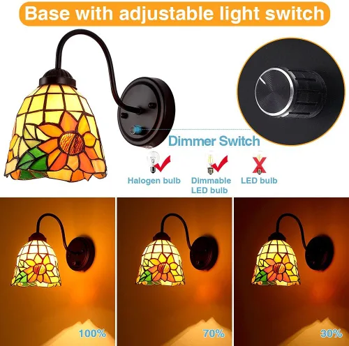 Miniatura 3 de Tiffany - Lámpara de pared para mesita de noche con interruptor regulable, aplique de pared de cuello de cisne vintage industrial con cable