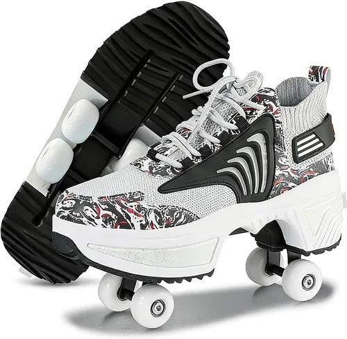 2 in 1 Convertible Walking Shoes to Quad Roller Skates with One-Touch Hidden Wheels Automatic Deformation for Men Women Kids Indoor Outdoor Sports,