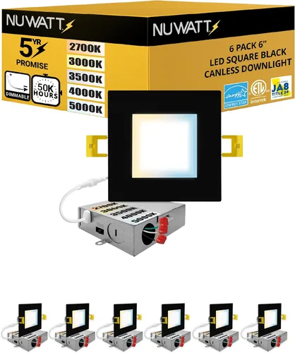 NUWATT Paquete de 6 luces LED empotrables cuadradas ultrafinas de 6 pulgadas, seleccionables 2700 K/3000 K/3500 K/4000 K/5000 K, alto brillo 1050