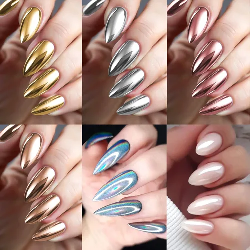 Miniatura 2 de Kit de Polvo de Uñas Cromado y Gel de Uñas 3D, Efecto Espejo Metálico Brillante Polvo Cromado Para Arte de Uñas, Pigmento de Polvo de Inmersión