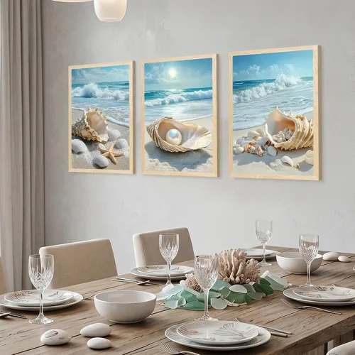 Miniatura 5 de SYWENNOI 3 piezas de arte de pared de playa con marco de madera, juego de 3 impresiones costeras, conchas marinas, estrellas de mar, olas, orilla