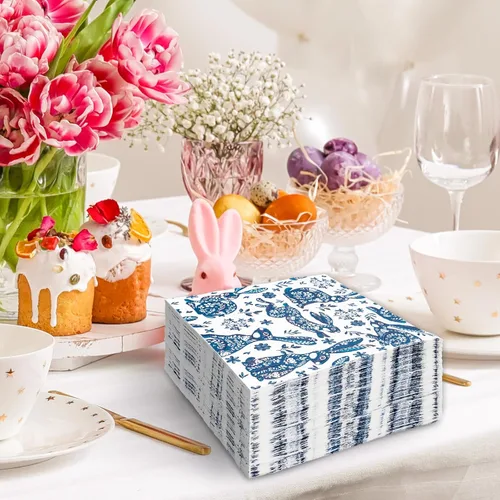 Miniatura 6 de JarThenaAMCS Paquete de 80 servilletas de papel de Pascua Chinoiserie conejito desechables azul y blanco conejo decorativo para cena de Pascua