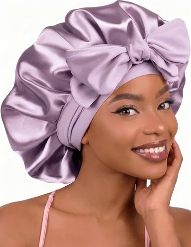Miniatura 19 de Gorro de satén de seda con banda de amarre para dormir, para mujeres de cabello rizado: gorro de noche para cabello liso, ondulado, ensortijado, Rosa