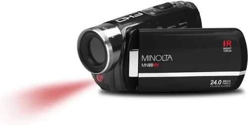 Minolta Videocámara - Video Full HD de 1080p, fotos de 24 MP, visión nocturna con sensor IR, zoom 16X, estabilización antivibración, pantalla táctil