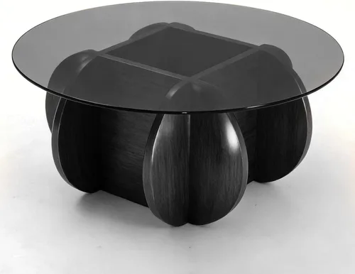 Miniatura 7 de Mesa de centro negra, mesa de centro redonda de vidrio de 31.5 pulgadas para sala de estar, mesa de centro moderna de mediados de siglo, mesa